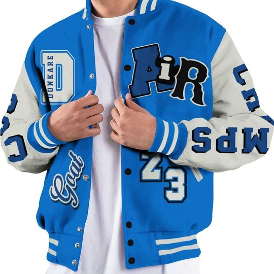 Dunkare Blueberry 12s Baseball Jacket, Chicago 23 Basketball Authentic All Over Print Letterman Jackets