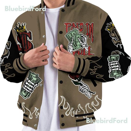 Dunkare Olive 9s Baseball Varsity Jacket, Fire Everybody Paid In All Over Print Letterman Jackets
