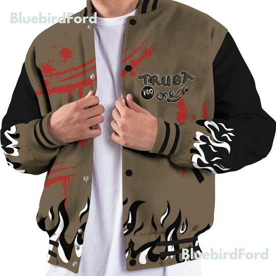 Dunkare Olive 9s Baseball Varsity Jacket, Graphic Trust No One All Over Print Letterman Jackets
