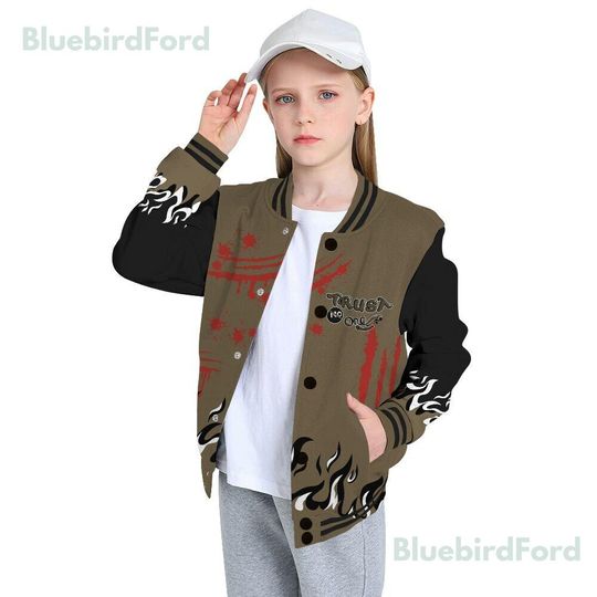 Dunkare Olive 9s Baseball Varsity Jacket, Graphic Trust No One All Over Print Letterman Jackets