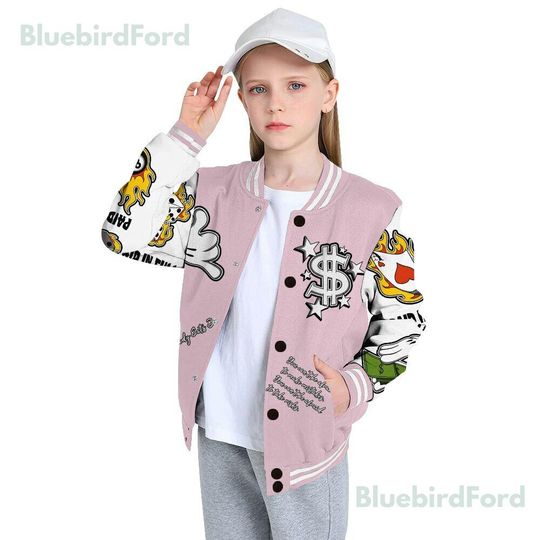 Dunkare Orchid 4s Baseball Varsity Jacket, Everybody Paid In Full Graphic All Over Print Letterman Jackets
