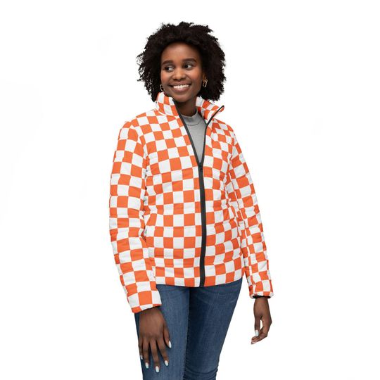 Orange Checkerboard Womens Puffer Jacket