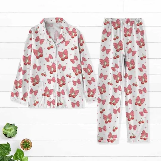 Cherry Coquette Bow Women Pajamas, Valentine Gift For Her