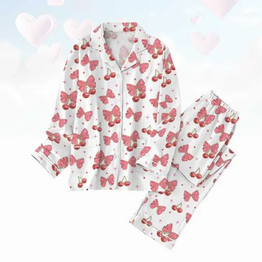 Cherry Coquette Bow Women Pajamas, Valentine Gift For Her