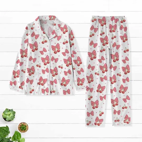 Cherry Coquette Bow Women Pajamas, Valentine Gift For Her