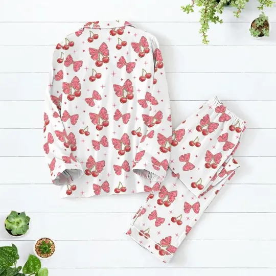 Cherry Coquette Bow Women Pajamas, Valentine Gift For Her