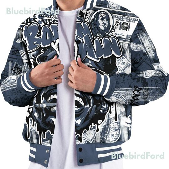 Dunkare Low Diffused Blue 11s Baseball Varsity Jacket, Born To Win Money All Over Print Baseball Varsity Jacket