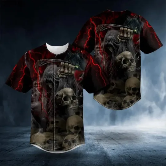 Red Lightning Grim Reaper The Hunt Skull Baseball Jersey