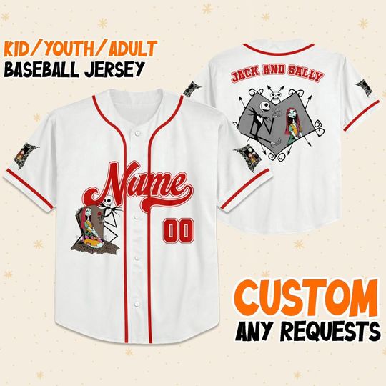 Personalized Jack and Sally Baseball Jersey for Valentine Day, Custom White Casey Jersey for Couples, Unique Gift, Family Vacation Team