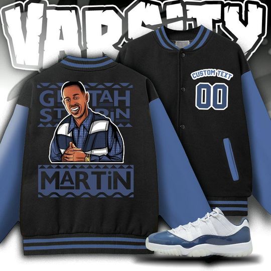 Custom  Blue Unisex Varsity Jacket, Martin Cartoon