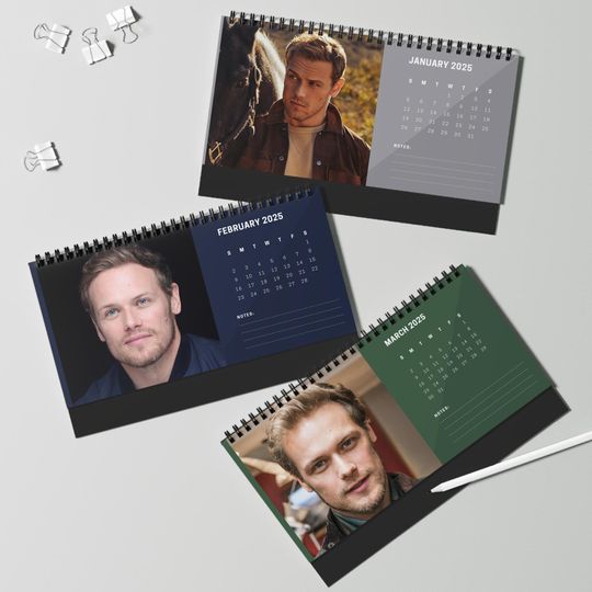 Sam Heughan 2025 Desk Calendar | Outlander Monthly Planner | Jamie Fraser Gift | Scottish Actor Memorabilia | Office Decor