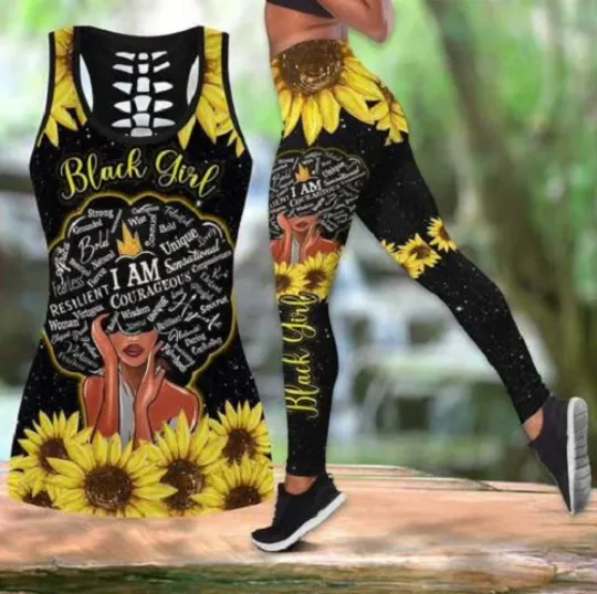 Black is Beautiful Sunflower Hollow Tanktop Leggings Sets