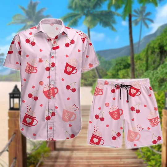 Cherry Love Coffee Button Shirt, Valentine Coquette Heart Hawaiian Shirt and Shorts Set