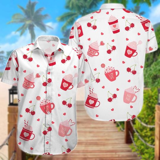 Cherry Love Coffee Button Shirt, Valentine Coquette Heart Hawaiian Shirt and Shorts Set