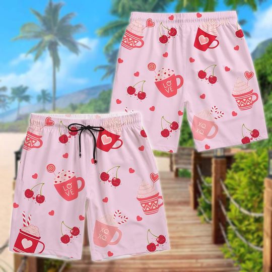 Cherry Love Coffee Button Shirt, Valentine Coquette Heart Hawaiian Shirt and Shorts Set