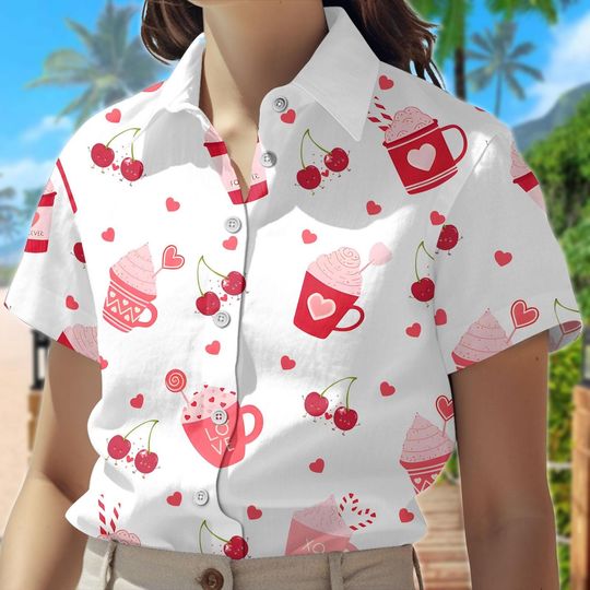 Cherry Love Coffee Button Shirt, Valentine Coquette Heart Hawaiian Shirt and Shorts Set