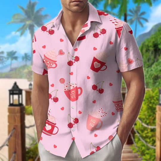 Cherry Love Coffee Button Shirt, Valentine Coquette Heart Hawaiian Shirt and Shorts Set