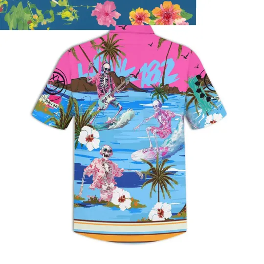B182 Dancing Skull Surfing Beach Hibiscus Blue Hawaiian Shirts