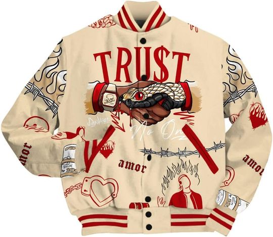 Dunkare Dunk Low Strawberry Waffle Varsity Jacket, Streetwear Varsity Jacket, Snake Trust No One All Over Print Baseball Varsity Jacket