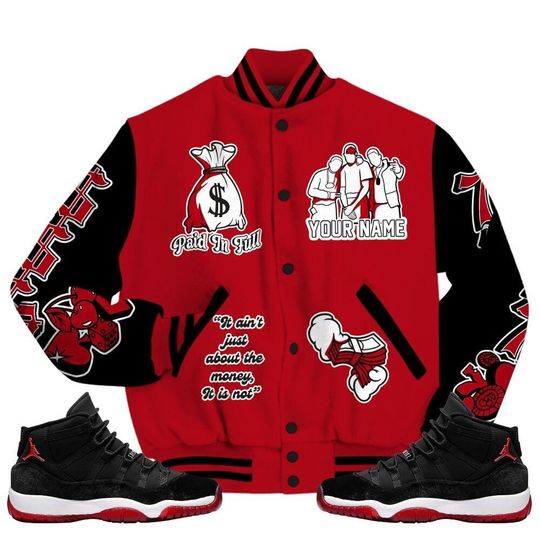 Bred Velvet 11s Varsity Jacket, Streetwear Varsity Jacket, Hip Hop Varsity Jacket, Paid In Full Baseball Varsity Jacket Custom Name Varsity Jackets