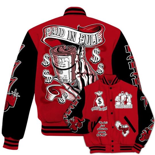 Bred Velvet 11s Varsity Jacket, Streetwear Varsity Jacket, Hip Hop Varsity Jacket, Paid In Full Baseball Varsity Jacket Custom Name Varsity Jackets