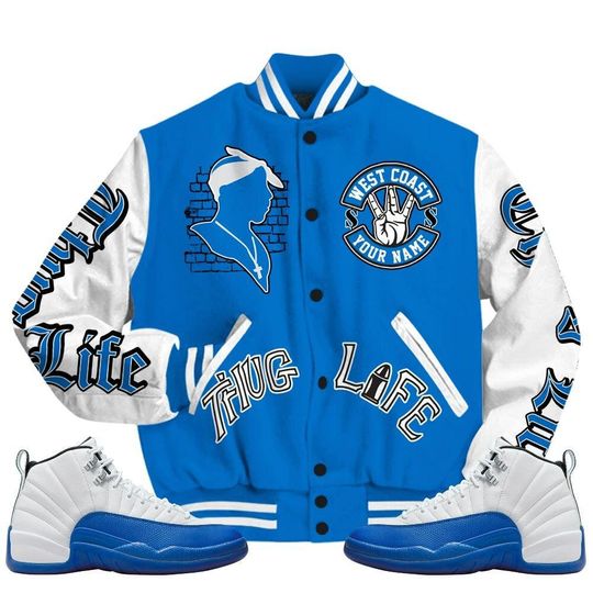 Blueberry 12s Varsity Jacket, Streetwear Varsity Jacket, Hip Hop Varsity Jacket, Free Thug Living Custom Name Baseball Varsity Jacket