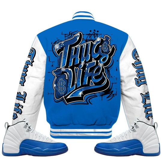 Blueberry 12s Varsity Jacket, Streetwear Varsity Jacket, Hip Hop Varsity Jacket, Free Thug Living Custom Name Baseball Varsity Jacket