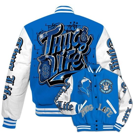 Blueberry 12s Varsity Jacket, Streetwear Varsity Jacket, Hip Hop Varsity Jacket, Free Thug Living Custom Name Baseball Varsity Jacket
