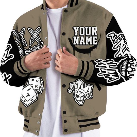 Olive 9s Varsity Jacket, Streetwear Varsity Jacket, Hip Hop Varsity Jacket, Clown Scary Sneakers Graphic Varsity Jackets