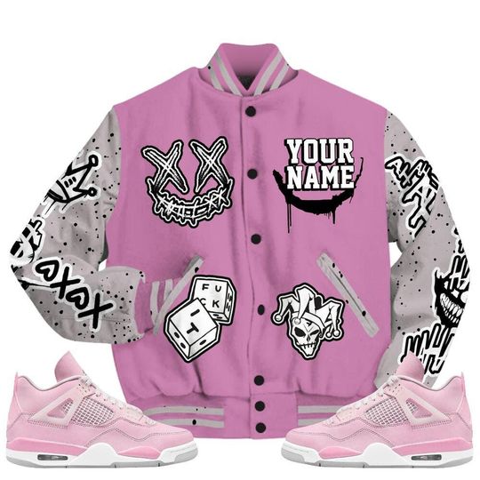 Neutral Grey Black White Orchid 4s Varsity Jacket, Streetwear Varsity Jacket, Hip Hop Varsity Jacket, Clown Scary Sneakers Graphic Varsity Jackets