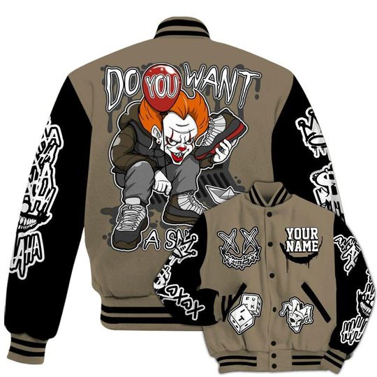 Olive 9s Varsity Jacket, Streetwear Varsity Jacket, Hip Hop Varsity Jacket, Clown Scary Sneakers Graphic Varsity Jackets