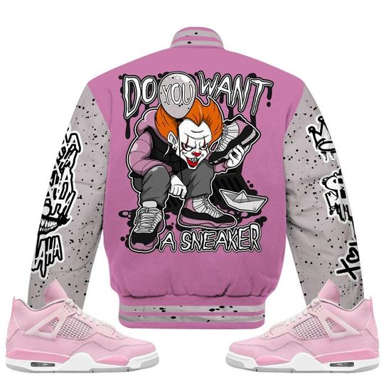 Neutral Grey Black White Orchid 4s Varsity Jacket, Streetwear Varsity Jacket, Hip Hop Varsity Jacket, Clown Scary Sneakers Graphic Varsity Jackets