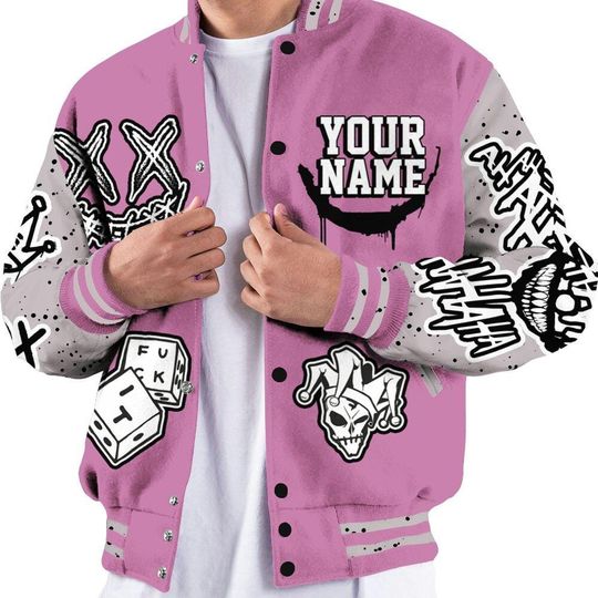 Neutral Grey Black White Orchid 4s Varsity Jacket, Streetwear Varsity Jacket, Hip Hop Varsity Jacket, Clown Scary Sneakers Graphic Varsity Jackets