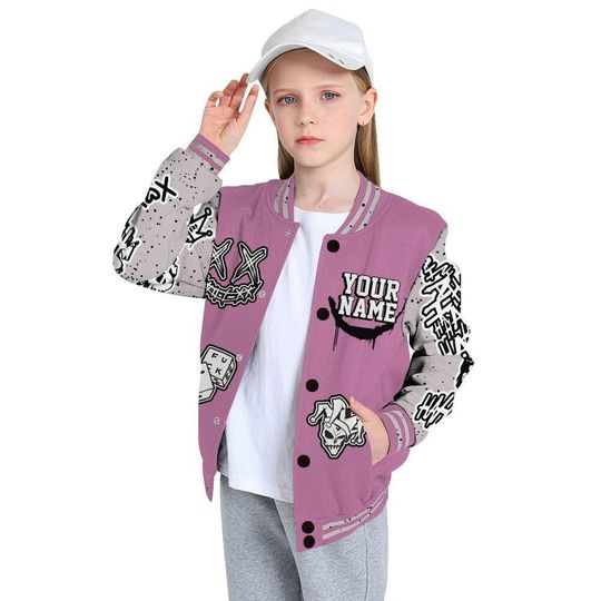 Neutral Grey Black White Orchid 4s Varsity Jacket, Streetwear Varsity Jacket, Hip Hop Varsity Jacket, Clown Scary Sneakers Graphic Varsity Jackets