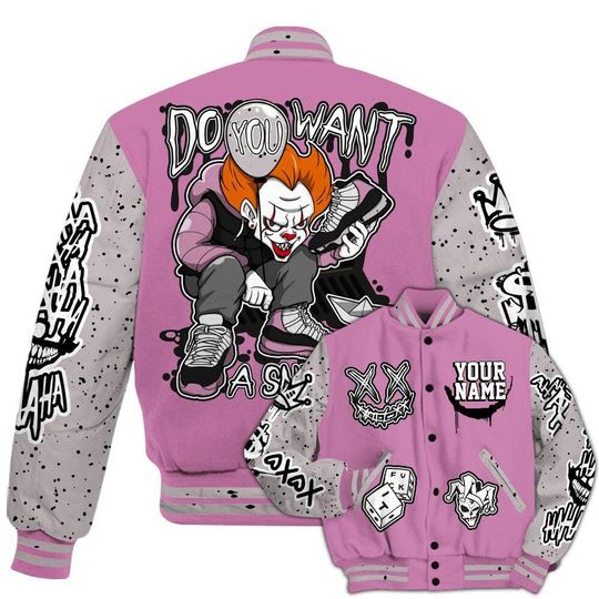 Neutral Grey Black White Orchid 4s Varsity Jacket, Streetwear Varsity Jacket, Hip Hop Varsity Jacket, Clown Scary Sneakers Graphic Varsity Jackets