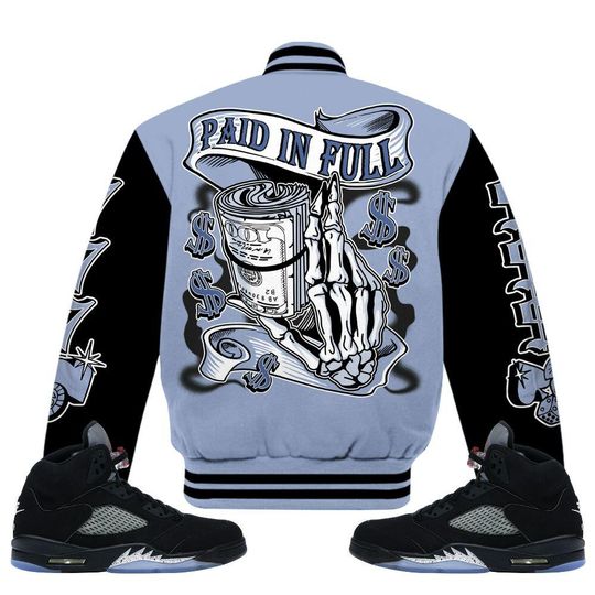 Black Metallic 5s Varsity Jacket, Streetwear Varsity Jacket, Hip Hop Varsity Jacket, Paid In Full Baseball Varsity Jacket Custom Name Varsity Jackets