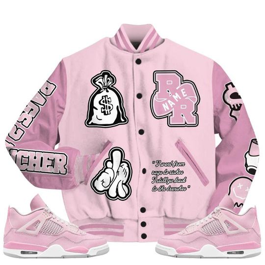 Orchid 4s Varsity Jacket, Streetwear Varsity Jacket, Hip Hop Varsity Jacket, Rag 2 Rich Graphic Varsity Jackets