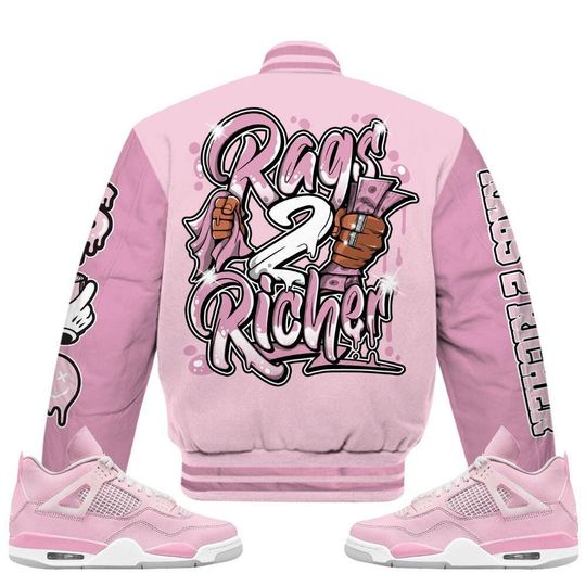 Orchid 4s Varsity Jacket, Streetwear Varsity Jacket, Hip Hop Varsity Jacket, Rag 2 Rich Graphic Varsity Jackets