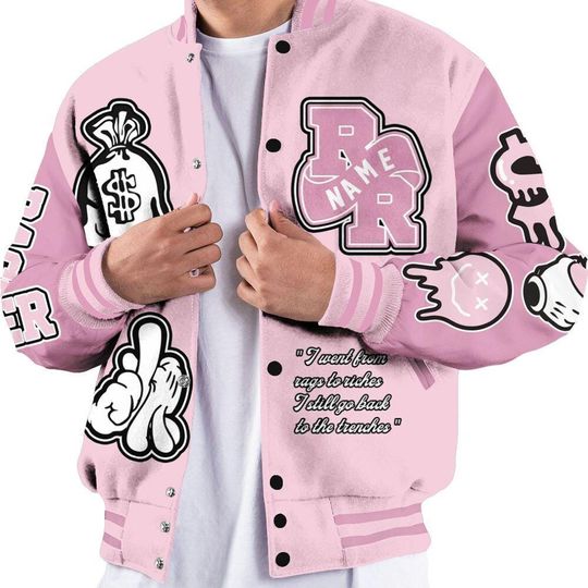 Orchid 4s Varsity Jacket, Streetwear Varsity Jacket, Hip Hop Varsity Jacket, Rag 2 Rich Graphic Varsity Jackets