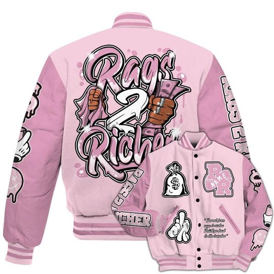 Orchid 4s Varsity Jacket, Streetwear Varsity Jacket, Hip Hop Varsity Jacket, Rag 2 Rich Graphic Varsity Jackets