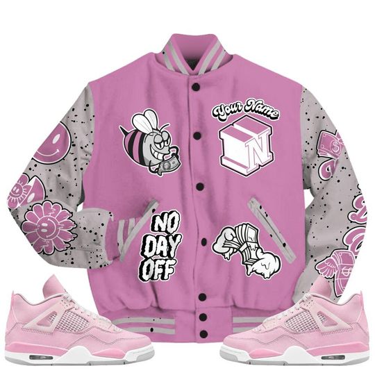 Neutral Grey Black White Orchid 4s Varsity Jacket, Streetwear Varsity Jacket, Hip Hop Varsity Jacket, No Day Off Graphic Custom Name Varsity Jackets