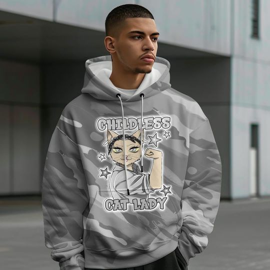 Dunkare Retro Black Wolf Grey 12s 3D Hoodie, 12 Black Wolf Grey Hoodie - Childless Kat Lady All Over Print Unisex Hoodie