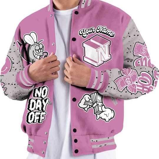 Neutral Grey Black White Orchid 4s Varsity Jacket, Streetwear Varsity Jacket, Hip Hop Varsity Jacket, No Day Off Graphic Custom Name Varsity Jackets