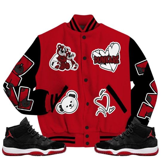 Bred Velvet 11s Varsity Jacket, Streetwear Varsity Jacket, Hip Hop Varsity Jacket, Sincere Fondness Bear Varsity Jackets
