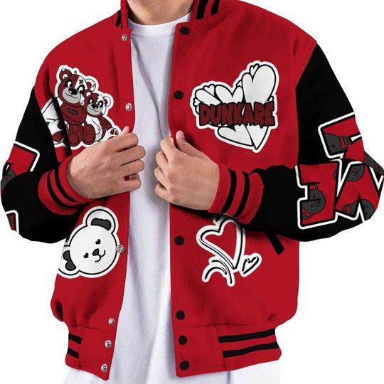 Bred Velvet 11s Varsity Jacket, Streetwear Varsity Jacket, Hip Hop Varsity Jacket, Sincere Fondness Bear Varsity Jackets