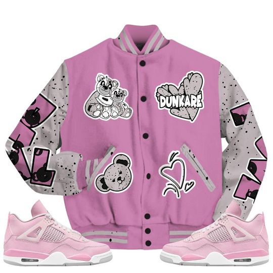 Neutral Grey Black White Orchid 4s Varsity Jacket, Streetwear Varsity Jacket, Hip Hop Varsity Jacket, Sincere Fondness Bear Varsity Jackets