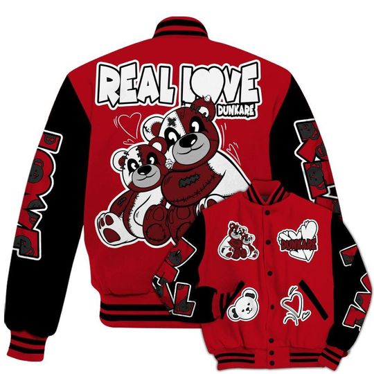 Bred Velvet 11s Varsity Jacket, Streetwear Varsity Jacket, Hip Hop Varsity Jacket, Sincere Fondness Bear Varsity Jackets