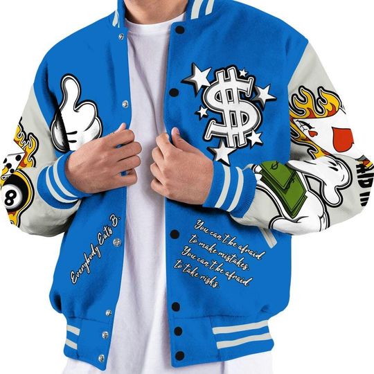 Blueberry 12s Varsity Jacket, Streetwear Varsity Jackets, Everybody Paid In Full Graphic Varsity Jacket