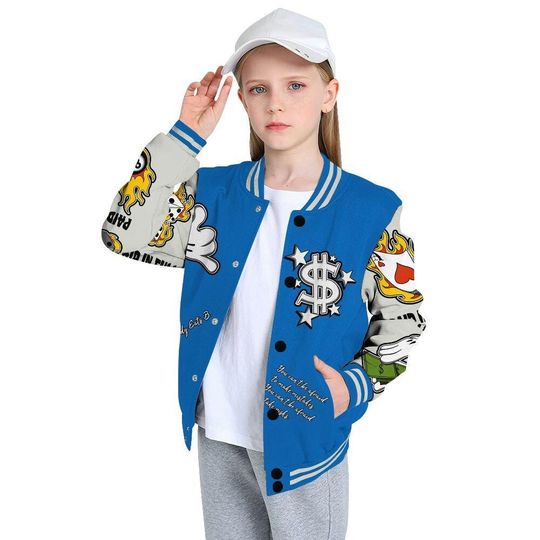 Blueberry 12s Varsity Jacket, Streetwear Varsity Jackets, Everybody Paid In Full Graphic Varsity Jacket