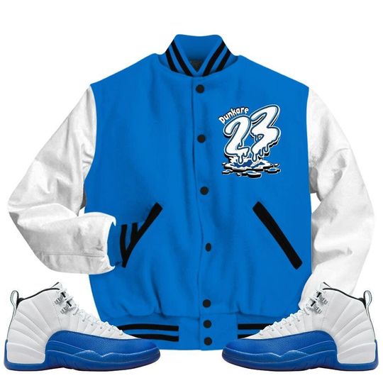 Blueberry 12s Varsity Jacket, Streetwear Varsity Jackets, Custom 23 Drip All Over Print Letterman Jackets
